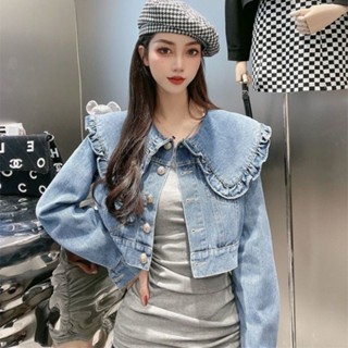 韓衣館 2021新款減齡娃娃領牛仔短外套女士韓版休閒夾剋上衣秋季新款牛仔衣 牛仔外套 韓版 辣妹 韓國牛仔外套