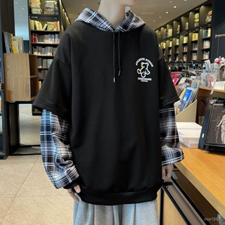 ✨Nobodyknows男裝✨秋冬季假兩件衛衣男加絨連帽格子拚接寬鬆情侶外套薄款帥氣上衣服