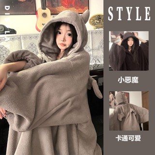 大尺碼100公斤可穿小惡魔連帽加厚珊瑚絨睡衣女冬季超大睡袍情侶家居服冬衛衣新款潮