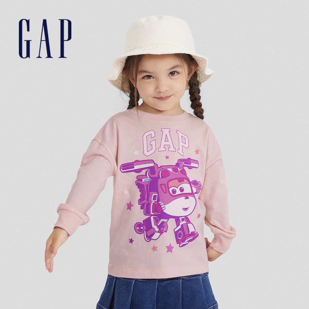 Gap 女幼童裝 Gap x Super Wings聯名 Logo純棉印花圓領長袖T恤-淺粉色(765999)