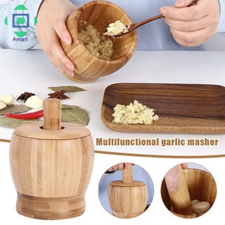 Bamboo Wood Mortar and Pestle Set with Lid Spoon Grinder Pre