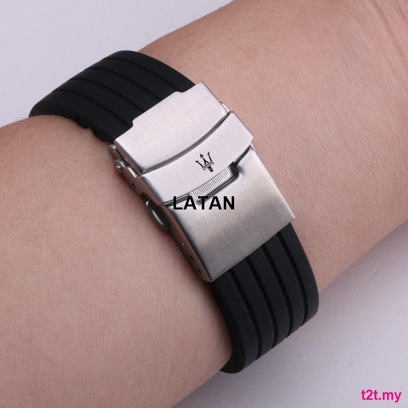LATAN-適配 瑪莎拉蒂矽膠手錶帶防水防汗橡膠錶帶男女士20錶帶精鋼表扣配件