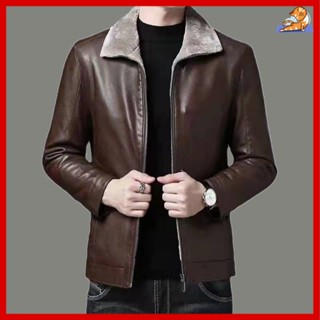 🔥【中老年男裝】爸爸衣服 男士夾克外套 厚外套 夾克男外套 春秋薄外套 男性外套 寬鬆大碼皮夾克中老年皮毛一體皮衣男爸