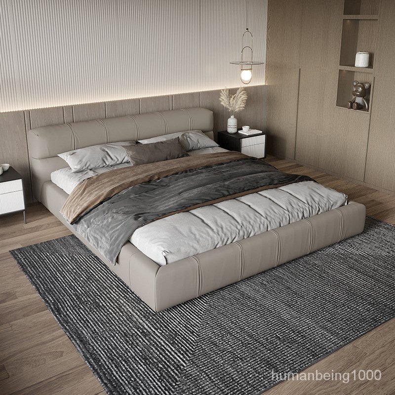 萬達木業 意式極簡真皮床雙人床主臥2022年新款現代簡約輕奢1.8米床侘寂風 上下舖床架 高架床 雙人床架 上下床 R4