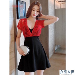 正韓夜總會性感蕾絲連衣裙女夜 店裝氣質露胸深VA字裙夜場低胸超短裙洋裝禮服連身裙[衣笙衣世]
