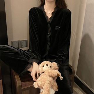 🔆小甜甜日系美衣👙金絲絨睡衣女春秋ins韓版長袖休閑長褲簡約冬天可外穿家居服套裝