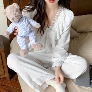 🔆小甜甜日系美衣👙高階感睡衣女2023春秋季新款少女公主純色蕾絲花邊長袖家居服套裝