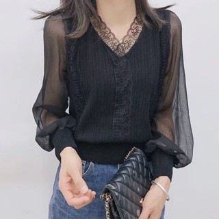 COCO💛大尺碼上衣 女打底2023秋季新款蕾絲雪紡拼接針織衫長袖v領百搭打底上衣女外穿洋氣