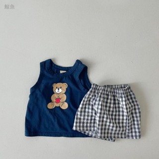 夏款韓版寶寶衣服 男童女童背心短袖套裝 純棉上衣褲子兩件套 愛心小熊背心短褲兩件套 兒童背心套裝 嬰兒背心短褲