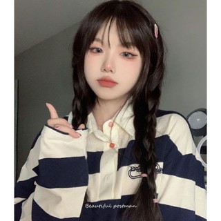 長袖女 秋季上衣 T恤長袖 寬鬆 美式街頭復古polo領條紋衛衣女秋季寬松oversize潮牌外套上衣情侶