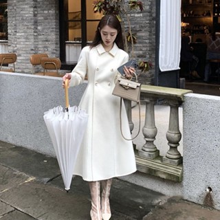 英倫風大衣外套 風衣外套女 女裝 工裝外套 防風 小香風氣質名媛高階長版呢子大衣赫本風白色連衣裙毛呢外套女秋冬 ZENW