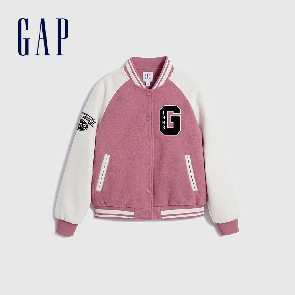 Gap 女童裝 Logo印花圓領棒球外套-粉白拼接(789208)