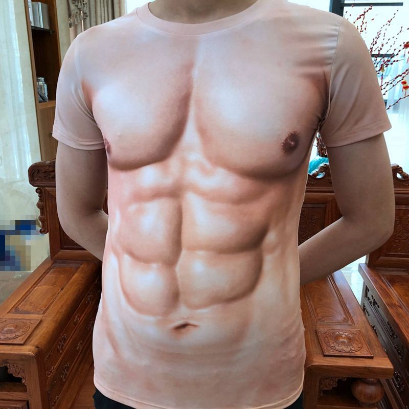 猛男腹肌装 cosplay道具 肌肉男T恤假腹肌衣服比基尼個性短袖搞怪3D立體膚色上衣年會表演