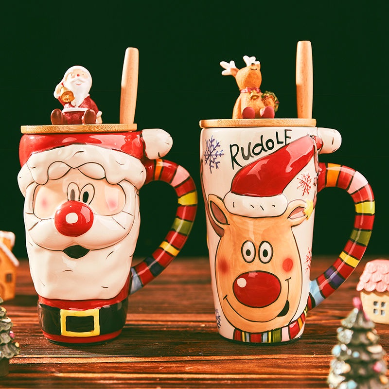 吸管杯陶瓷 創意手繪陶瓷杯大容量卡通馬剋杯可愛水杯情侶對杯聖誕老人杯子 5A5U