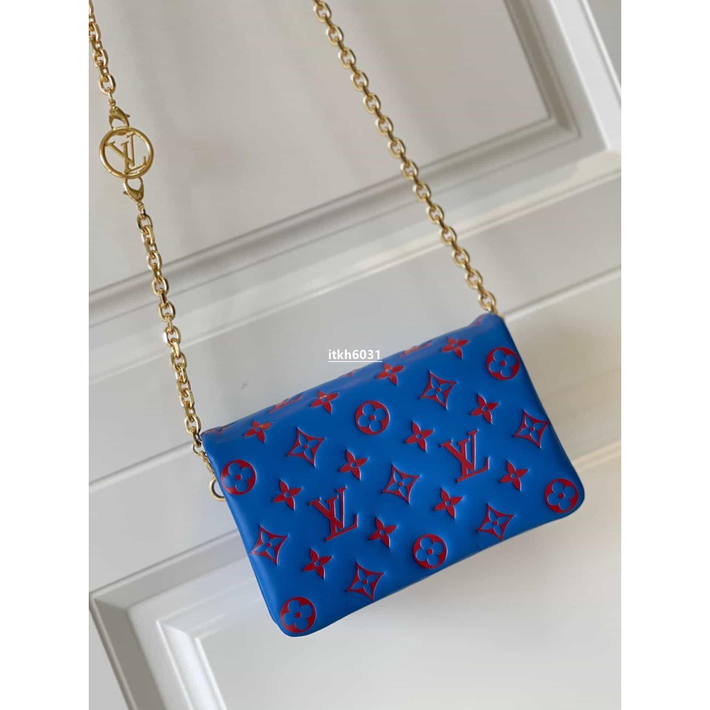 Louis Vuitton Blue Monogram Coussin Pochette Red Leather Metal ref.524945 -  Joli Closet