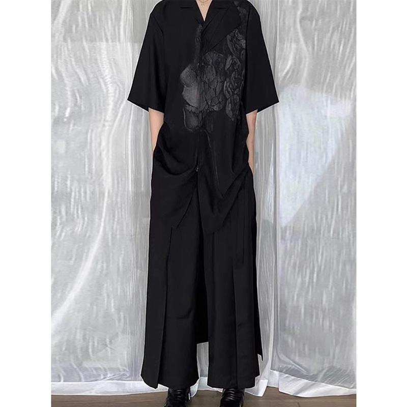[YX]Yohji Yamamoto山本耀司暗黑系印花男式短袖襯衫寬鬆小眾設計上衣