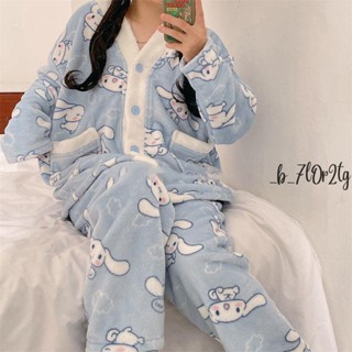 珊瑚綁睡衣 新款V領大耳狗睡衣女冬季日系法蘭絨家居服睡衣珊瑚絨開衫兩件套