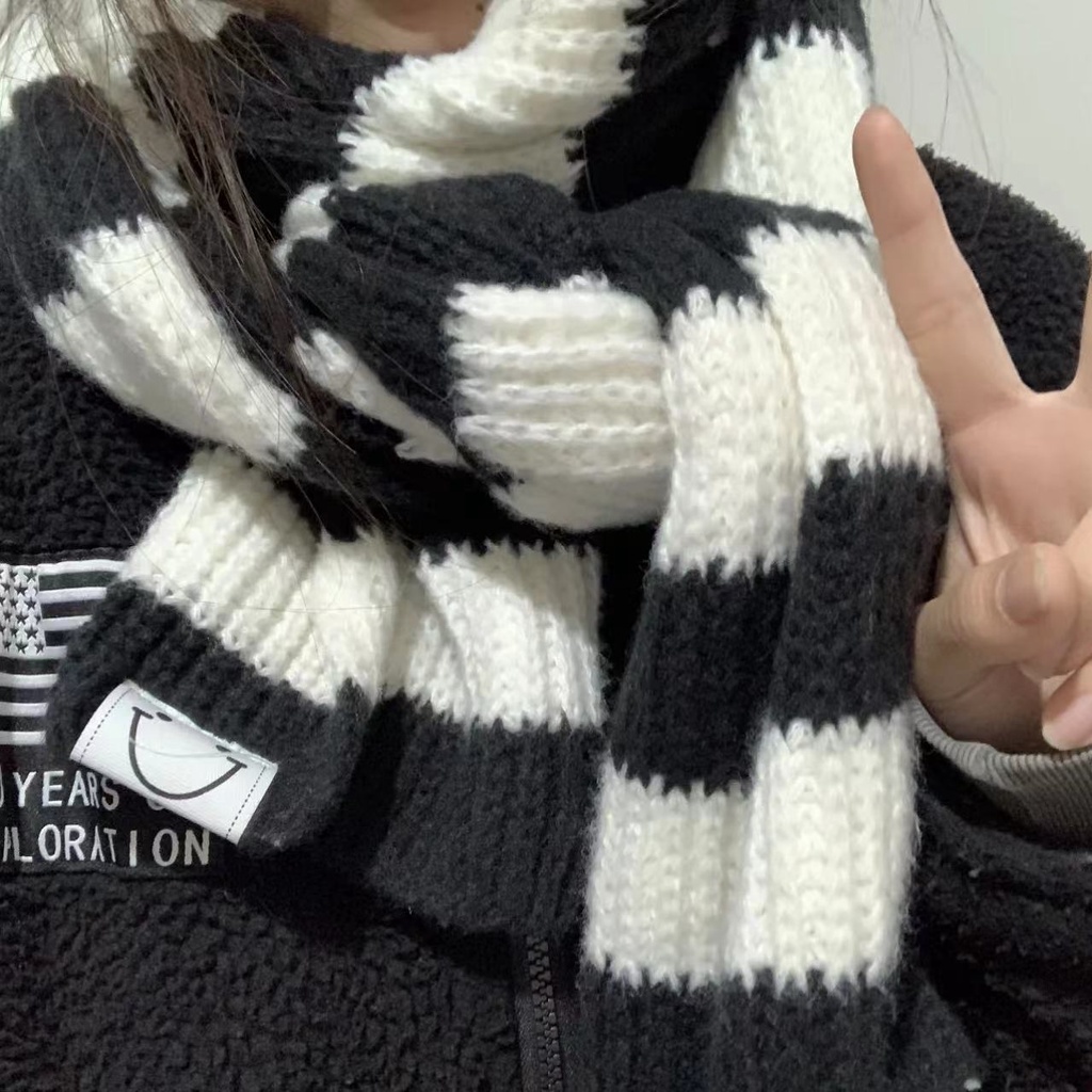 成品圍巾✨韓系黑白撞色條紋毛線圍巾編織柔軟高中冬季保暖百搭護頸學生圍脖