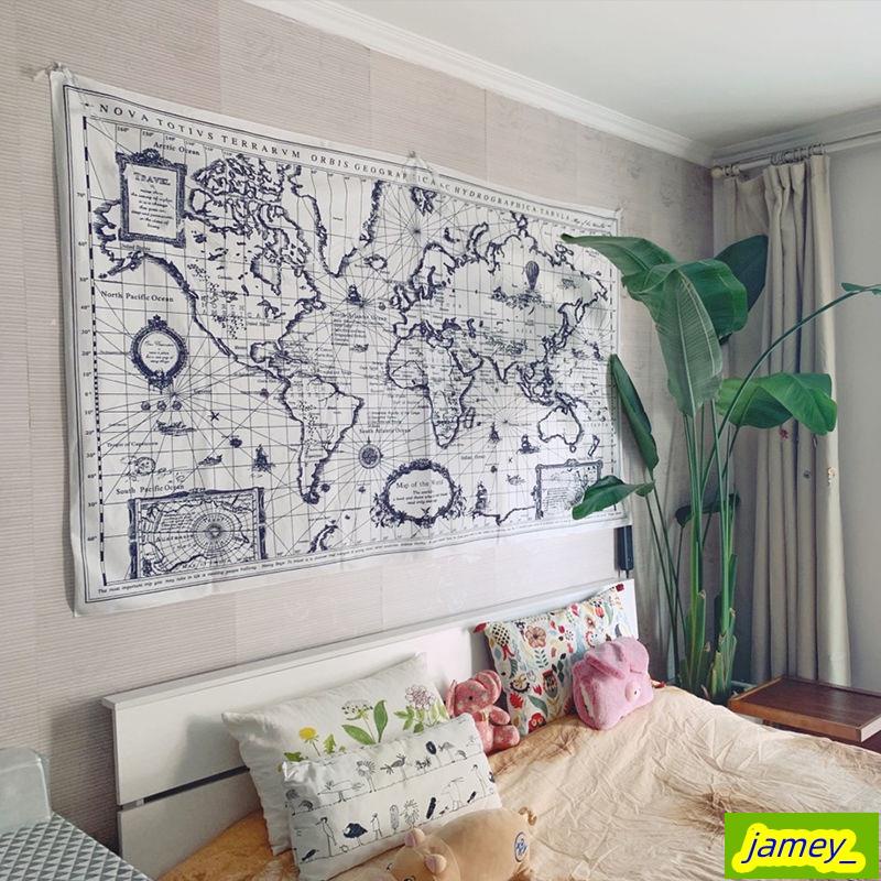 #優惠特價##ins⚡地圖歐美掛布 黑白世⚡界地圖 簡約墻面裝飾⚡背景布臥室書房掛毯