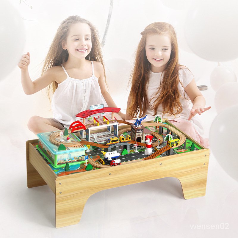 【哆哆購】木製礦山積木軌道車電動火車模型套裝玩具兒童遊樂園拚搭遊戲桌 W0HF