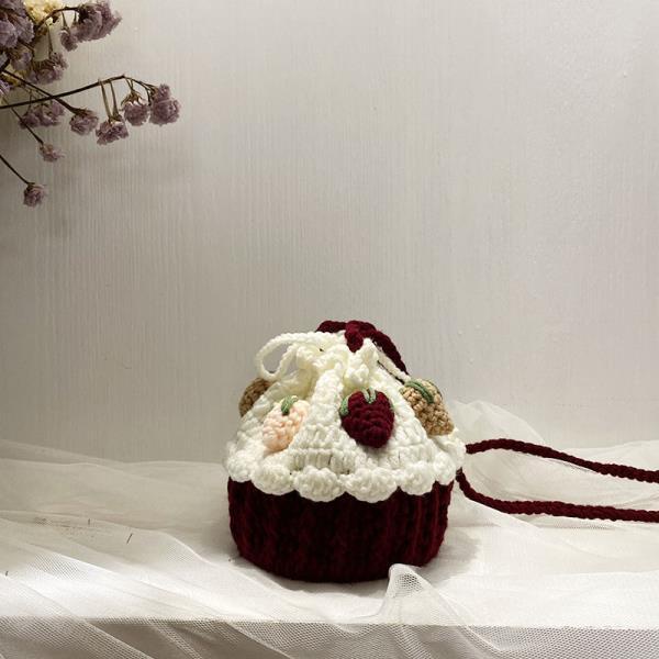 🖤DIY🖤小紅書 酒紅草莓多多編織材料包彩色diy手工毛線紙杯蛋糕包