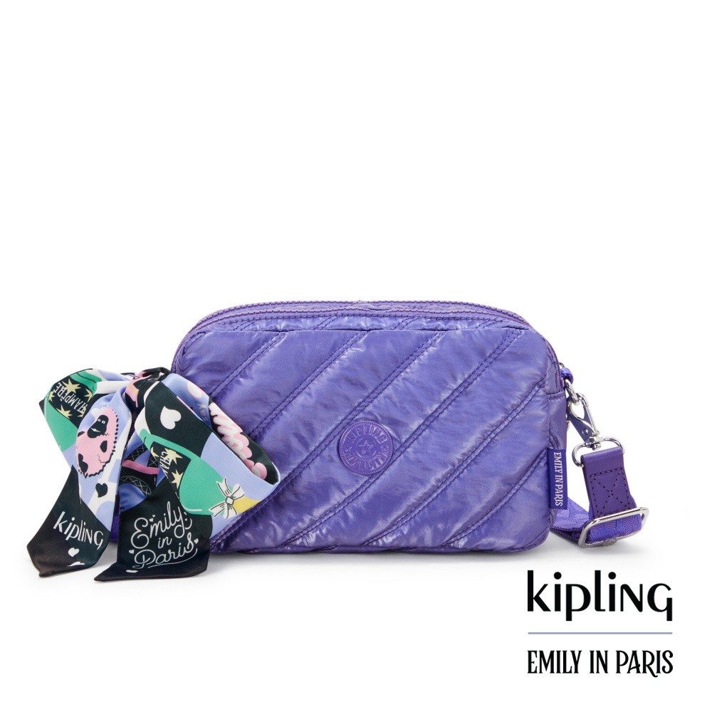 KIPLING x EMILY PARIS 金屬丁香紫輕便長方形多袋斜背包-MILDA