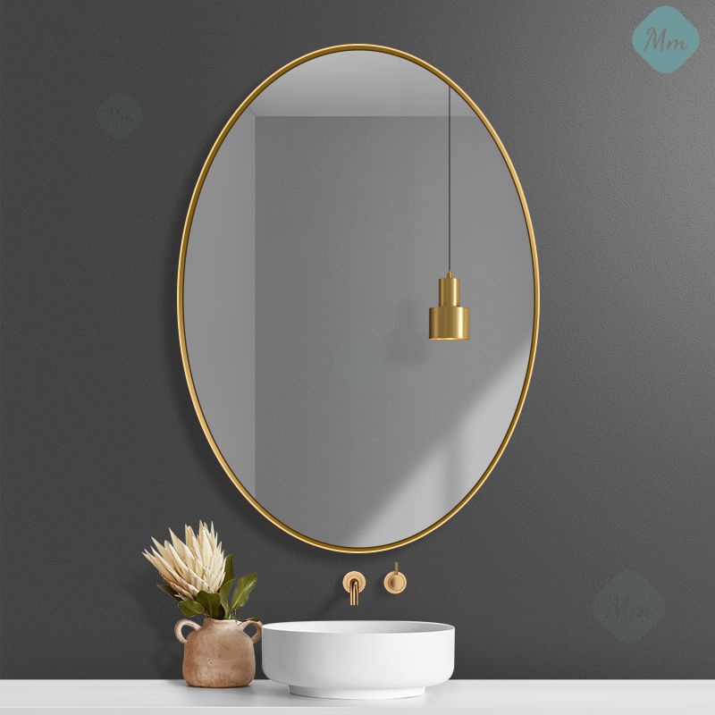 輕奢衛生間鏡子不銹鋼金色邊框洗手臺化妝梳妝鏡掛墻橢圓形浴室鏡