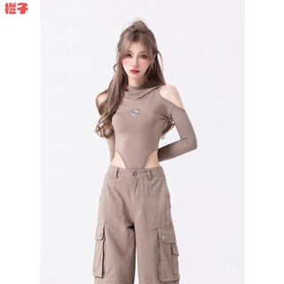 連體衣🎀美式辣妹長袖T恤女春秋季鏤空露腰設計感小眾連帽連體上衣潮