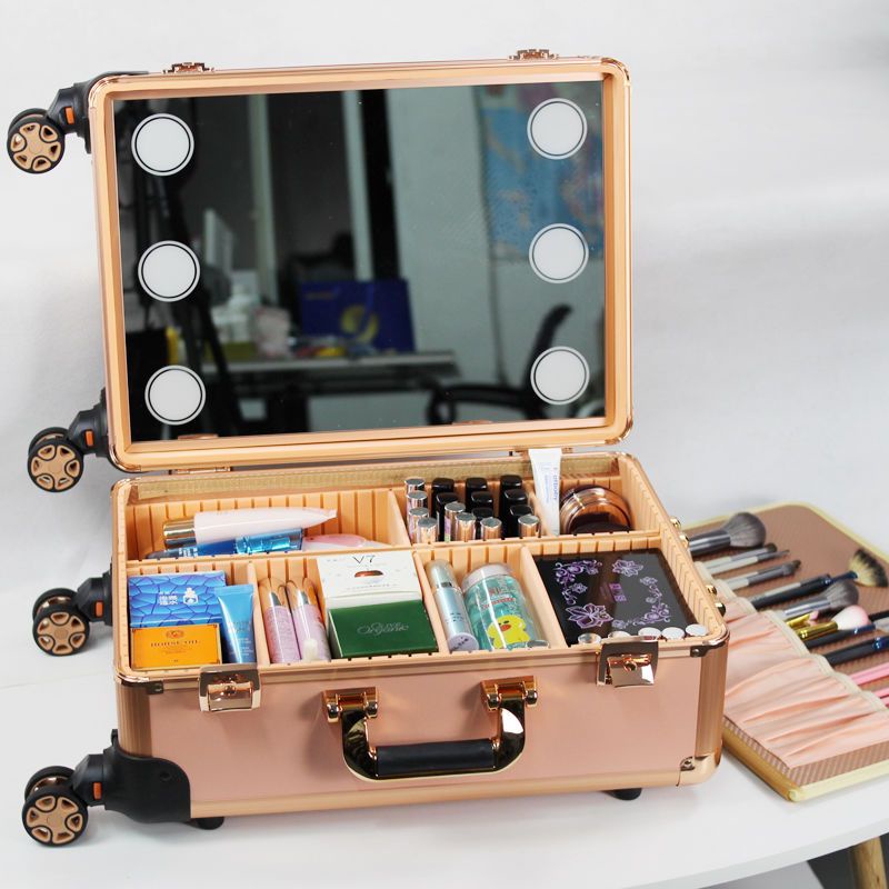 熱酷+妝百納帶燈大號容量專業跟妝師化妝箱拉桿多功能紋繡收納工具燈箱