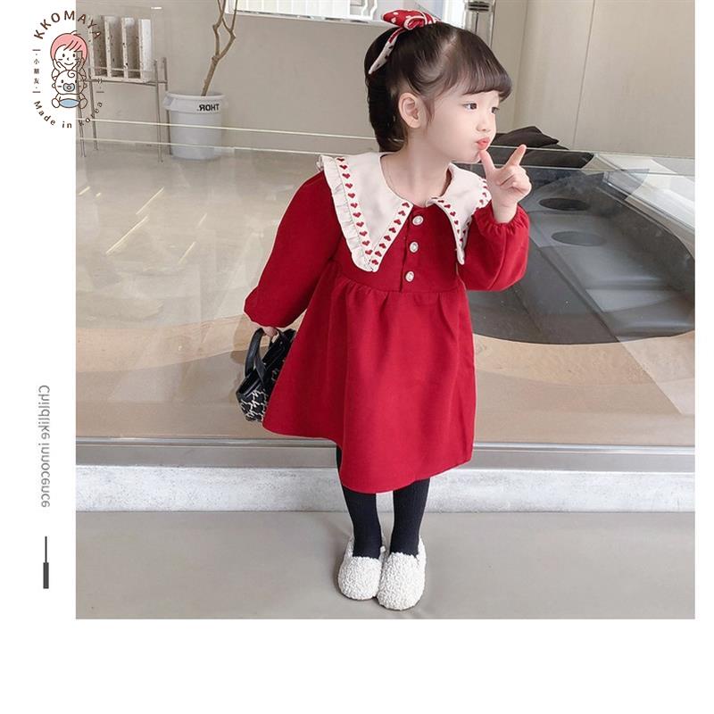 🍭小朋友🍭秋冬新款時尚翻領紅色洋裝 韓版女童可愛新年公主裙 過年洋裝女童 女童洋裝 女童洋裝 女童紅色洋裝
