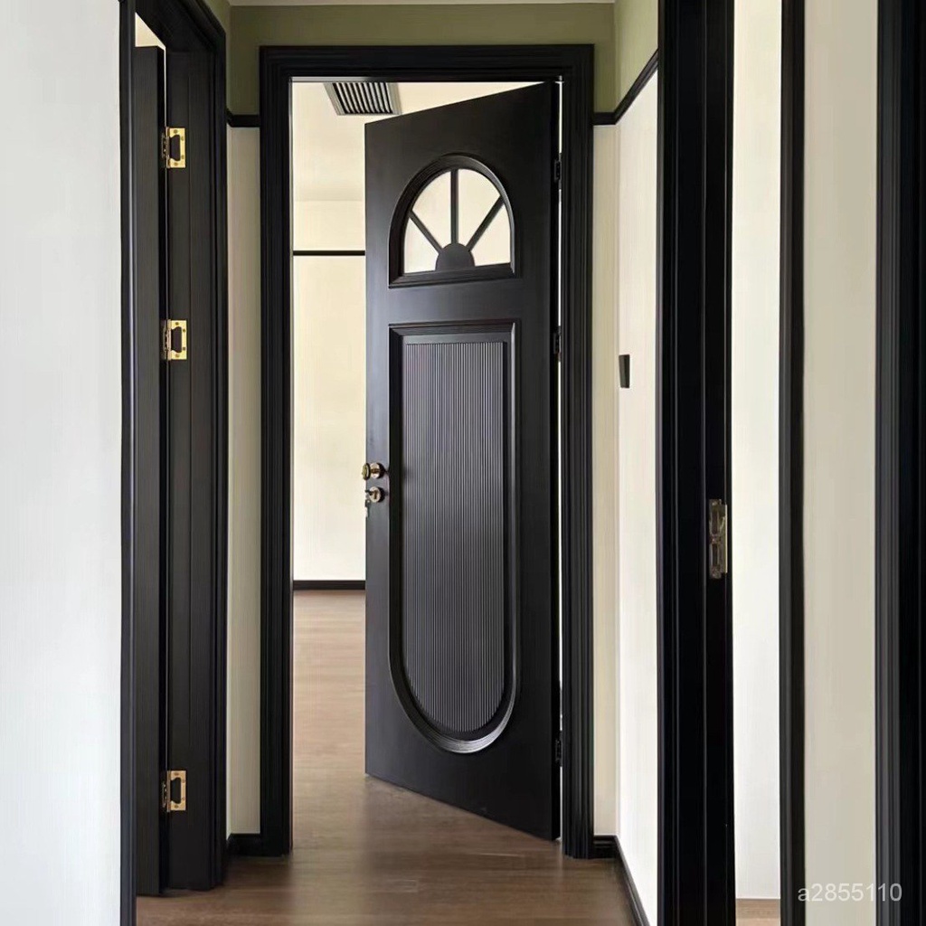 【免運】歐式複古烤漆複閤門 臥室房間門 弧形黑色室內平開門 法式黑色門