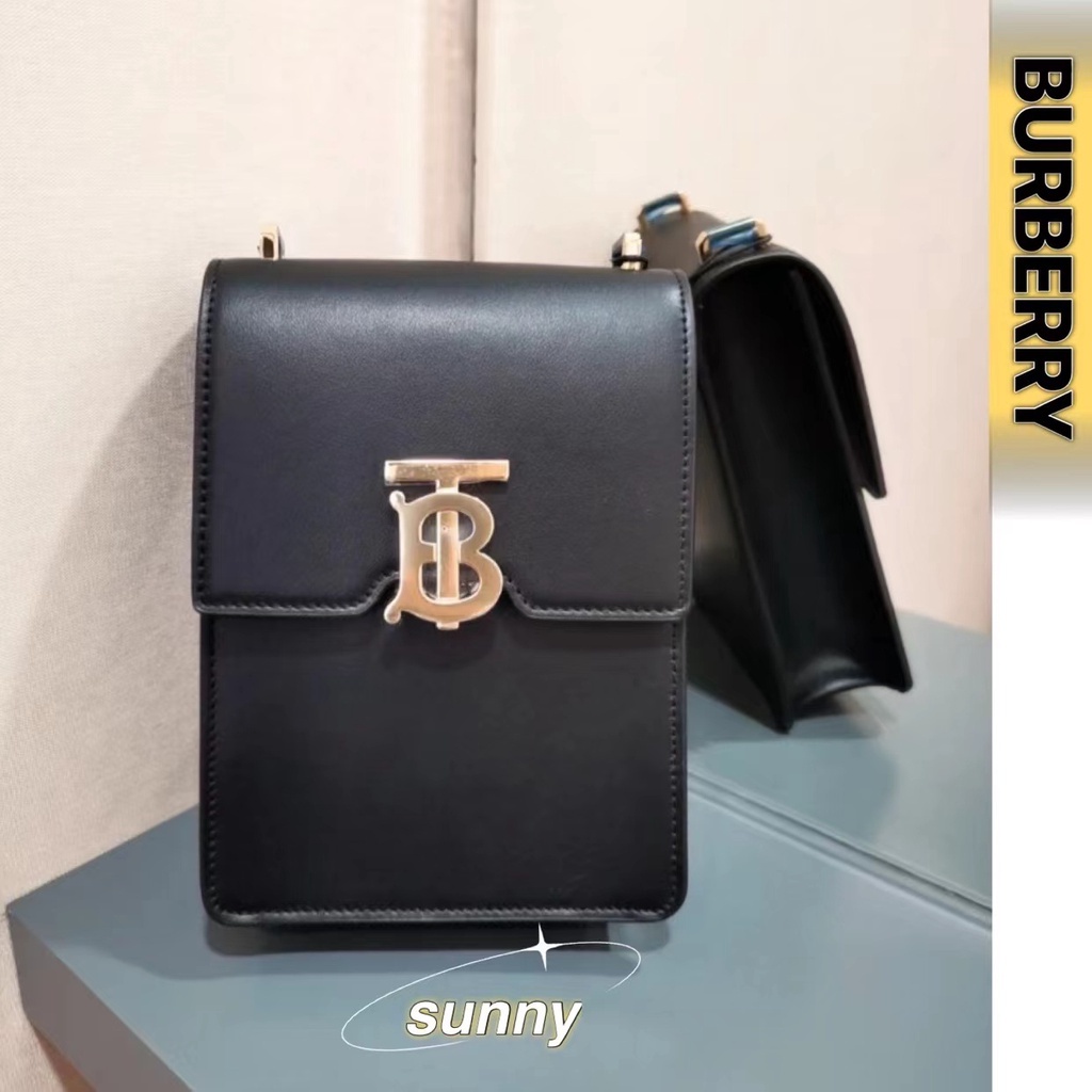 『二手』BURBERRY 博柏利Robin 黑色牛皮 /棕色帆布金色TB標誌 皮革洛賓包手機包肩背包 斜背包