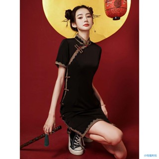 【古風🔥]黑色旗袍 夏款 少女 改良旗袍 小個子 蕾絲包邊 旗袍連衣裙 短旗袍 復古 旗袍洋裝 改良旗袍 改良式旗袍