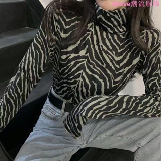 斑馬紋打底衫女秋裝季2022年內搭顯瘦洋氣炸街高領t恤上衣ins超火長袖上衣 高領打底衫 顯瘦 冬裝長袖t恤半高領打底衫