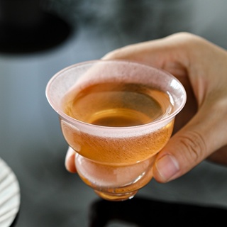 茶道 水晶玻璃品茗杯 單個 葫蘆茶杯 蓋碗 不燙手 粉色 琉璃泡茶碗 手工 國風 水晶茶杯 粉色琉璃茶具