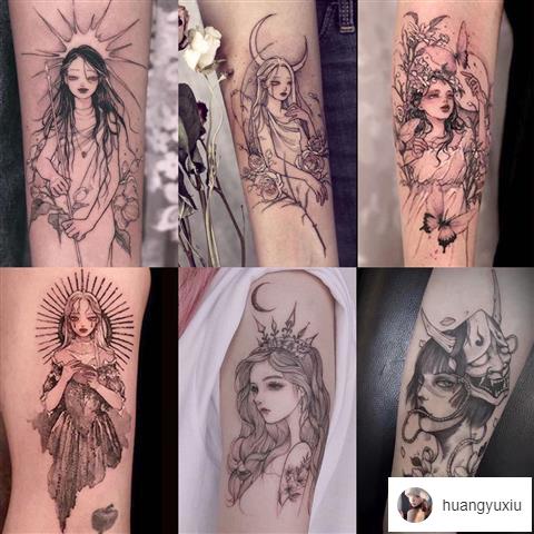 Lisa💖日系刺青 紋身貼紙 紋身貼防水個性男女持久手臂刺青暗黑色月亮絕美公主 一件兩張