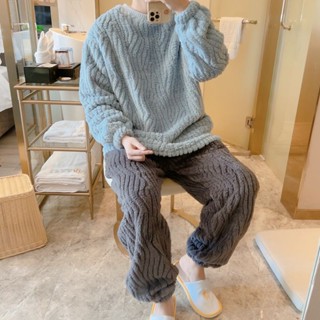 秋冬家居服 長袖睡衣 保暖居家服 法蘭絨睡衣 加肥大尺碼睡衣男士秋冬季珊瑚絨保暖青少年法蘭絨套裝可外穿家居服