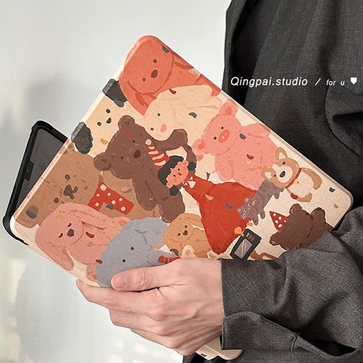 油畫風小熊小兔 iPad保護套 支架硬殼 磁吸帶筆槽 適用Air5平板保護殼 Pro11吋 mini6 9.7 10.2