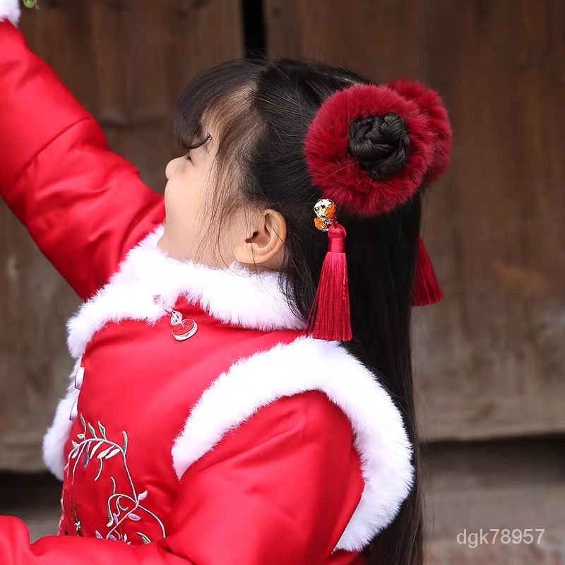 🔥熱銷推薦🔥中國風毛絨 流蘇髮圈兒童新年古風髮飾女童皮筋寶寶拜年服頭飾 過年 VRW6