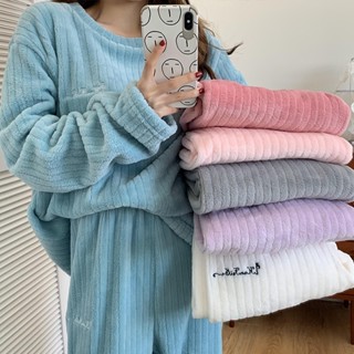 春秋款 毛絨 睡衣 女 新款 珊瑚絨 冬季 加厚 保暖 簡約 純色 居家服 套裝 珊瑚絨睡衣 加厚保暖