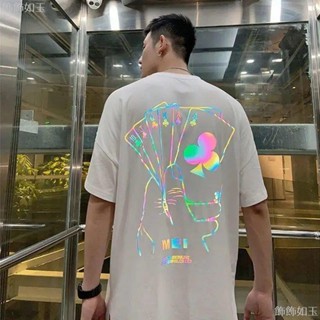 大尺碼 短袖 大尺碼 上衣 oversize 街頭 短袖 T恤 男 潮 七彩 反光 印花 獨角獸 巨尺碼T恤 彩色反光