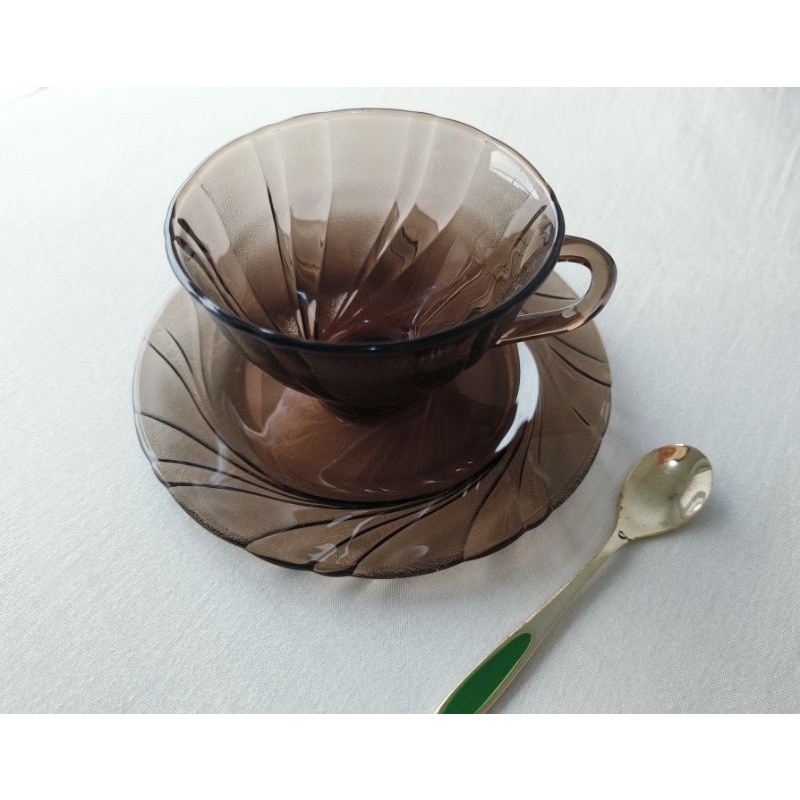 老木青 |早期法國🇨🇵vereco漩渦復古茶褐色玻璃咖啡杯盤組 玻璃杯 美式咖啡杯 收藏 老件