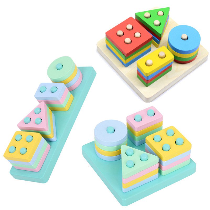 臺灣熱賣 兒童益智木製四套柱玩具早敎智慧套柱智力幾何形狀認知配對積木 WUFD