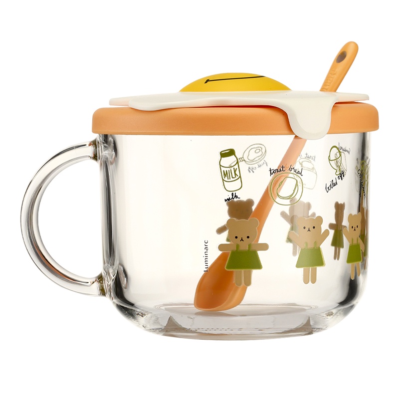 Luminarc 樂美雅 玻璃杯 早餐杯 500ml 家用杯子 牛奶 麥片 水杯 帶蓋 勺子