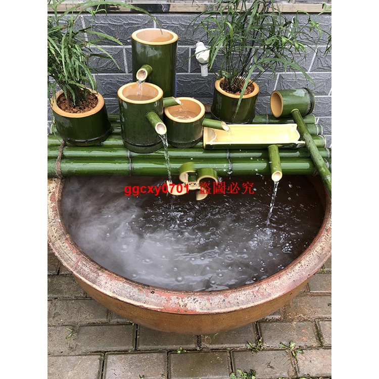 竹子流水器陶瓷魚缸石槽魚池裝飾擺件竹子過濾器假山流水循環系統