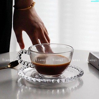 【高階玻璃咖啡杯】ins風圓珠杯碟套裝美式咖啡杯碟下午茶玻璃杯冷飲高顏值甜點盤