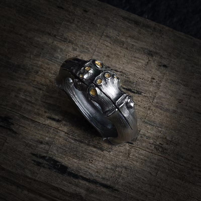 千葉新款復古虛懷戒 行三手工雕刻EDC 泰銀戒指個性朋克開口指環