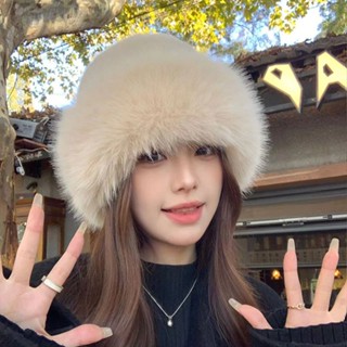 舂秋新款🌈冬季大頭圍毛絨毛毛狐狸洋氣顯臉小盆帽 加厚貂毛帽 仿皮蒙古保暖護耳雪地帽 兔毛帽顯臉小保暖漁夫雷鋒帽潮漁夫帽