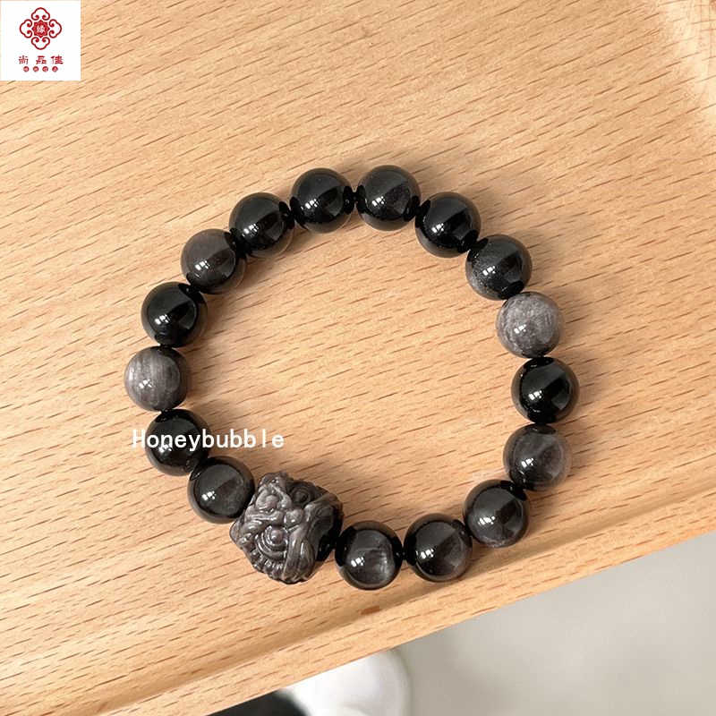 黑曜石手鍊 手串 女銀曜石醒獅小獅子手鍊 情侶閨蜜送禮物原創設計