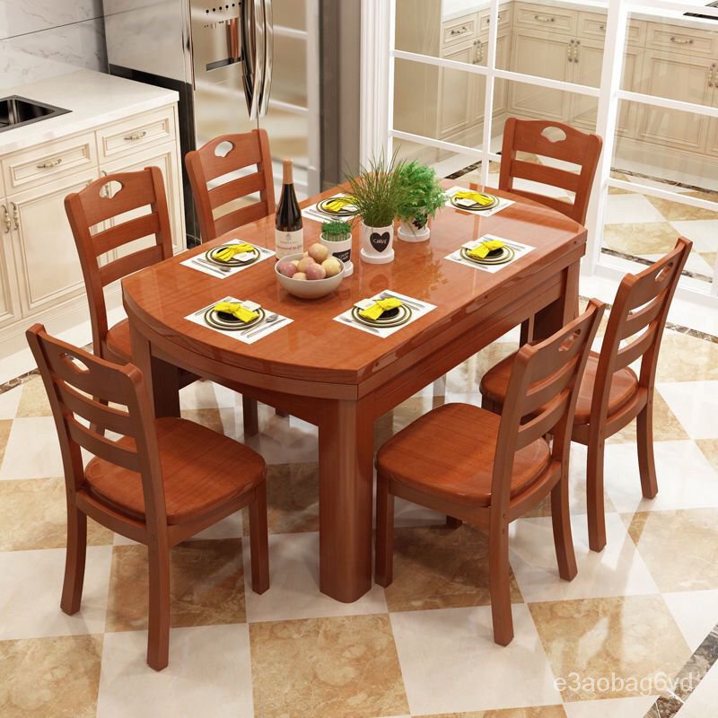 （可開發票） 100%全實木橡木餐桌椅組閤方圓兩用伸縮折疊4-12人小戶型喫飯桌子